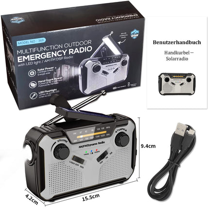SOLARBABY Zonne-radio, AM/FM draagbare crankradio, Dynamo noodradio met 4000 mAh oplaadbare batterij, LED-zaklamp, SOS-alarm voor kamperen, buiten, noodsituatie (03)