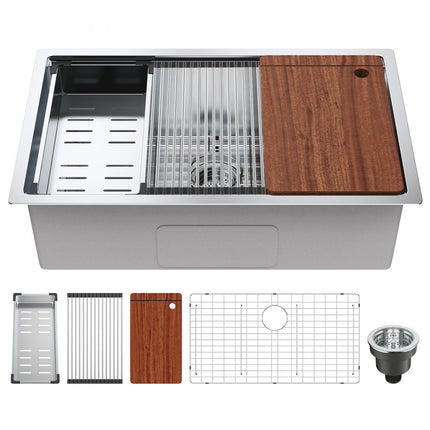 VEVOR 762 x 483 mm keukenspoelbak inbouwspoelbak, onderbouwspoelbak met enkele bak en accessoires, spoelbak voor huishoudelijke vaatwassers voor werkplek, camper, voorbereidingskeuken en barspoelbak