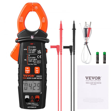 VEVOR Stroomtang 600A True-RMS Stroomtang Multimeter 5999Counts Stroomtang Voor DC/AC Stroom DC/AC Spanning Frequentie Weerstand Diode Test Aan/Uit Schakelaar Capaciteit/Relatieve waarde