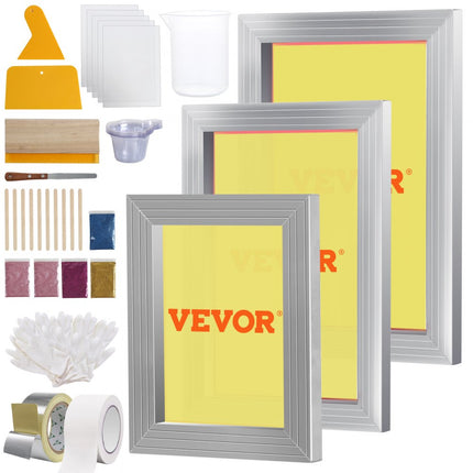 VEVOR zeefdrukkit, 3 stuks aluminium zeefdrukframe 6x10/8x12/10x14 inch 110 mesh, 5 glitter & zeefdruk rakels & folies voor T-shirts, doe-het-zelf bedrukking etc.