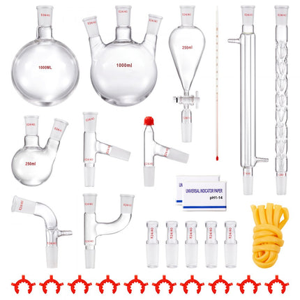 VEVOR laboratoriumdestillatiekit, 3.3 Boro laboratoriumglasdestillatiekit met 24 en 40 verbindingen, 1000 ml etherische oliedestillatieapparatuurset, 29-delige glaswerkset