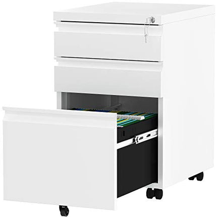 Derins Mobiler Aktenschrank, Abschließbar Rollcontainer mit 3 Schubladen für A4, Legal, Letter, Metall Büroschrank mit Rollen für Home-Office, 46 x 39 x 62cm, Weiß