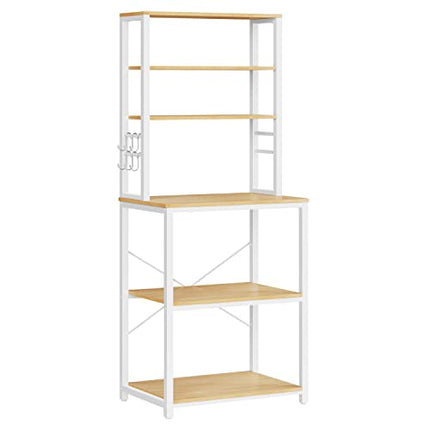 Derins Küchenregal, Standregal für Küche, Mikrowellen-Regal, stehend, 6 Regalebenen und 6 Haken, für Mikrowelle, Stahlrahmen, Industrie-Design, 40 x 60 x 167 cm, eichenfarben-weiß KKS024W09