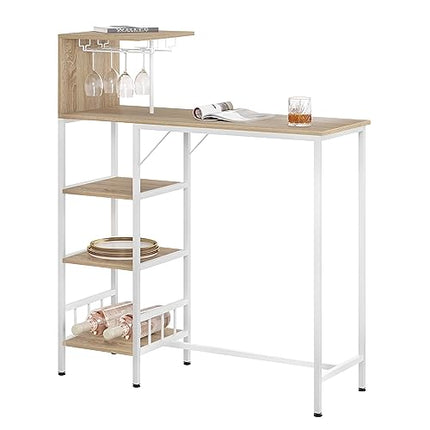 Derins Bartisch, Stehtisch mit Weinregal Glashalter, Küchentisch mit 4 Ablagen, Bistrotisch, Esstisch, Kücheninsel mit Arbeitsplatte, Hochtisch für Bar Theke, Helle Eiche-Weiß, BT37hei