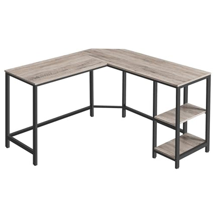 Derins Schreibtisch, L-förmiger Computertisch, 138 x 138 x 76 cm, Eckschreibtisch mit 2 Ablagen, platzsparender Bürotisch, Gaming, Homeoffice, einfacher Aufbau, greige-schwarz LWD72MB