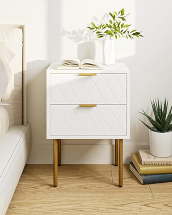 Derins Nachttisch, Nachtschrank mit 2 Schubladen, Modern Nachtkästchen, Boho Nachtkommode für Schlafzimmer, Wohnzimmer, Weiß und Gold