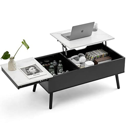 Derins Couchtisch - Höhenverstellbarer Couchtisch, Hubplatte Couchtisch, Couchtisch mit Schiebeplatte, Separates Verstecktes Ablagefach, 100 * 50 * 43.5 cm, Weiß und Schwarz