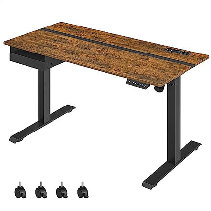 Derins Höhenverstellbarer Schreibtisch elektrisch, mit Steckdose und Schublade, 60 x 140 cm Tischoberfläche, stufenlos verstellbar, Memory-Funktion mit 4 Höhen, vintagebraun-schwarz LSD114X01