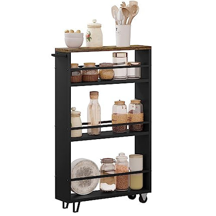 Derins Küchenwagen mit 3 Ebenen, Küchenregal Servierwagen Nischenregal mit Rollen, Rollwagen Rollcontainer für Küche Büro, mit Griff und Bremsen, Vintage Braun Schwarz RW050rbs