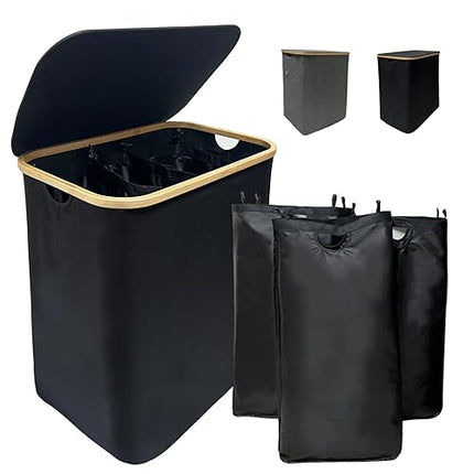 Derins Große Faltbarer Wäschekorb mit Deckel 3 facher Abnehmbarer Wäschesack,Waschekorbsammler,Wäschebox Wäschetonne,Faltbarer Bambus-Wäschesortierer,laundry baskets,körbe aufbewahrung (160L Schwarz)