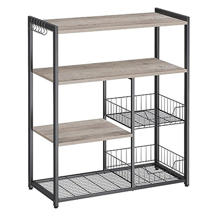 Derins Küchenregal, Standregal mit 2 Metallkörben, Bäckerregal mit Haken und Regalablagen, Mikrowellenregal, 35 x 80 x 95 cm, Greige-schwarz KKS096B02