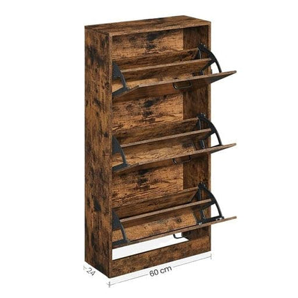 VASAGLE Shoe cabinet with 3 swing doors, 3-layer wooden storage cabinet, perfect for narrow entrance, hall, living room, bedroom, 60 x 24 x 120 cm (lxwxh), rustic brown LBC030x01