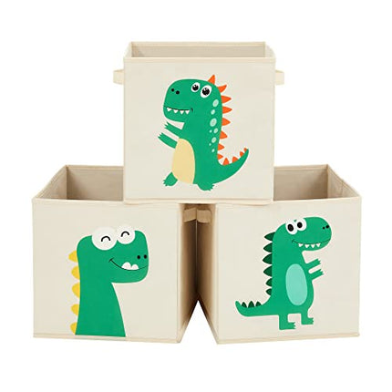Derins Aufbewahrungsbox, 3er Set, Aufbewahrungskorb, Spielzeugaufbewahrung, Stoffboxen, 30 x 30 x 30 cm, faltbar, mit Griffen, Schlafzimmer, Spielzimmer, Dinosaurier-Motive, beige RFB704W03