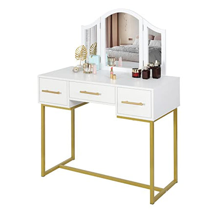 Derins Schminktisch mit 3 Spiegeln, 3 Schubladen, große Tischplatte 94x40x125cm, Kosmetiktisch für Schlafzimmer, Weiß+Gold, MB6093ws