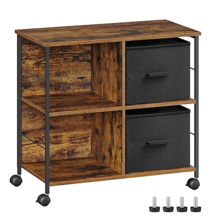 Derins Aktenschrank, Büroschrank mit 2 Stoffschubladen, einfacher Aufbau, offene Ablagen, für Dokumente im A4-, Letter-Format, Homeoffice, vintagebraun-tintenschwarz OFC057B01