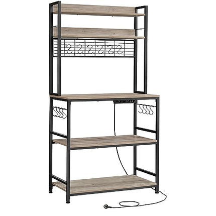 Derins Küchenregal, Standregal mit Steckdosen, Mikrowellen-Regal, mit Gitterplatte, 14 Haken, 40 x 80 x 170 cm, Greige-schwarz KKS025B02EU