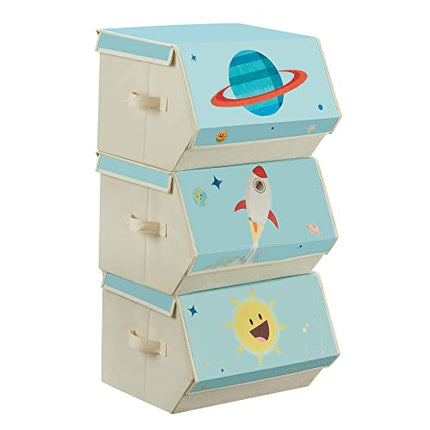 Derins Aufbewahrungsbox Kinder, 3er Set, Faltboxen, Spielzeugkiste mit Deckel, 38 x 35 x 25 cm, für Kinderzimmer, Spielzeugzimmer, Weltraummotive, blau RLB700Q01
