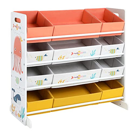 Derins Spielzeugregal, Kinderzimmerregal mit 12 Stoffboxen, für Bücher und Spielzeug, Spielzeug-Organizer, Kinderzimmer, für Kinder, multifunktional, weiß GKRS04WT