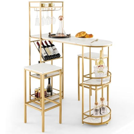 Derins Bartisch Set 3-Teilig, Esstisch mit 2 Barhockern, Thekentisch mit 5 Ablagen & Glashalter & Weinregal, Bistrotisch Set mit Metallgestell, Essgruppe für 2 Personen, Gold+Weiß