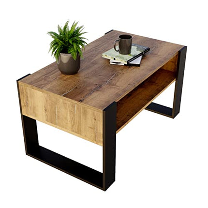 Derins KARO 92 rechteckiger Kaffeetisch aus Holz Modern Teetisch 92 x 53,6 x 45cm massiv und stabil (Retro Eiche/Schwarz)
