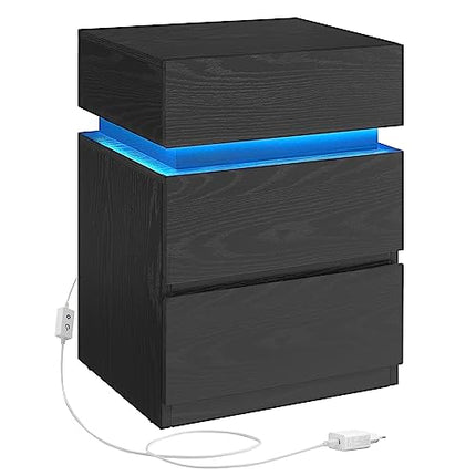 Derins Nachttisch mit LED-Beleuchtung, Beistelltisch, einstellbare Farben, Sofatisch 3 Schubladen, Nachtschrank Schlafzimmer, modern, 35 x 40 x 55 cm, schwarz mit Holzmaserung LET630T56