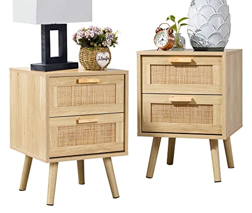Derins Nachttisch, Beistelltisch mit 2 handgefertigten Rattan-verzierten Schubladen, 2er-Set, Holznachttisch, mit Stauraum für Schlafzimmer, Natur, 2 Stück