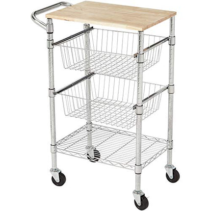 Derins Servierwagen mit 3 Ebenen, Metallkorb, Holzplatte, Silber