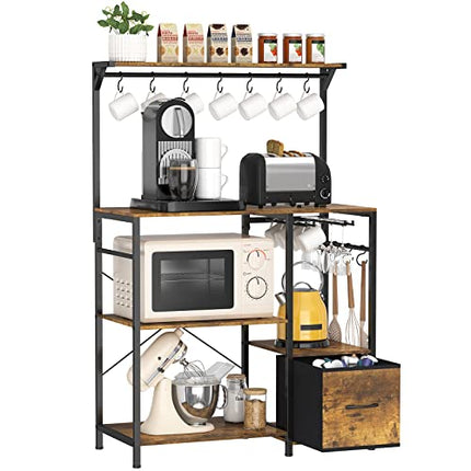 Derins Küchenregal, Mikrowellengestell, Kaffeebar mit 10 Tassenhaken, 1 Stoffbehälter, Weinglashalter, Küchenregal für Gewürze, Pfannen und Töpfe, Rustikales Braun