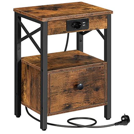 Derins Nachttisch mit Ladestation, Beistelltisch mit Klappschublade, Nachtschrank mit USB-Anschlüsse und Steckdose, Nachtkommode für Schlafzimmer, Vintagebraun-Schwarz EBF128CBZ01G1