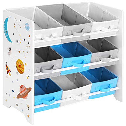 Derins Kinderzimmerregal, Spielzeug-Organizer, Bücherregal für Kinder, mit 9 Aufbewahrungsboxen aus Vliesstoffe, Kinderzimmer, Schule, Kindergarten, 62,5 x 29,5 x 60 cm, Weltall-Motive, weiß GKR33WT