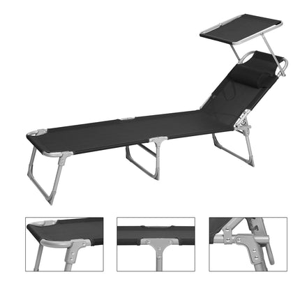 SONGMICS Sun Lounger Sun Lounger Garden Lounger with Headrest and Sun Canopy Adjustable Backrest Lightweight Foldable 53 x 193 x 29.5 cm Loadable up to 150 kg Garden Balcony Black GCB192B01