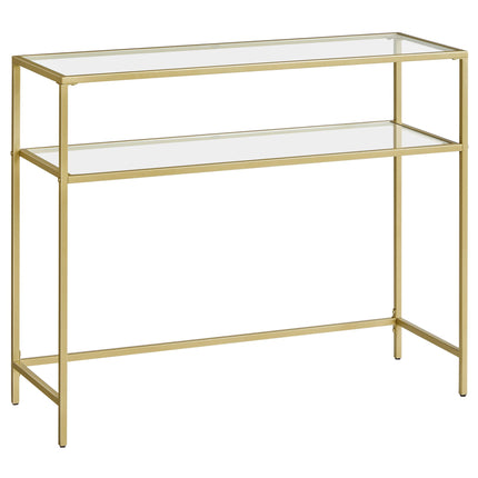 Derins Konsolentisch, Beistelltisch, Oberfläche aus Hartglas, moderner Sofatisch, einfacher Aufbau, verstellbare Füße, Wohnzimmer, Flur, goldfarben-transparent LGT025A01