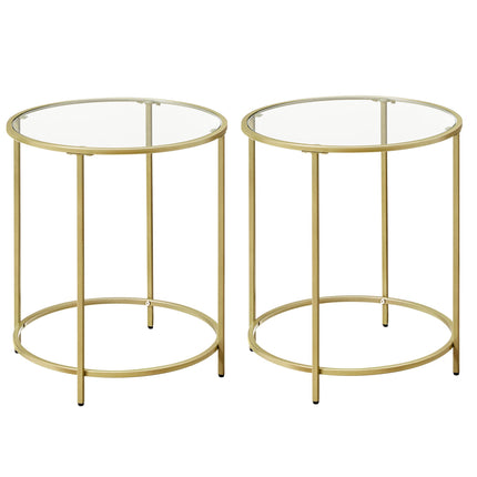 VASAGLE Side Table Round Set of 2 Small Coffee Table Glass Table with Metal Frame Bedside Table Sofa Table Balcony Tempered Glass Gold Color LCT631B01