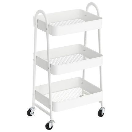 SONGMICS Trolley with 3 levels, metal serving trolley, kitchen trolley, kitchen shelf with handles, 2 brakes, easy to assemble, for painting utensils, bedroom, washroom, white BSC068W01