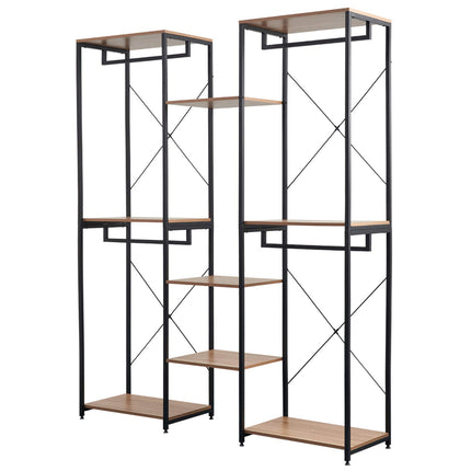 Derins Kleiderständer Kleiderschrank Garderobenständer Kleiderstange 2+3+2 Ablagen mit Schuhregal aus Spanplatte und Stahlrohr Hell Eiche+Schwarz SR0128hei