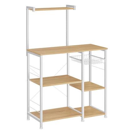 Derins Küchenregal, Standregal, Bäckerregal mit Metallkorb, 6 Haken, Mikrowellenregal, für Gewürz, Töpfe und Pfannen, modern, eichenbeige-klassikweiß KKS035W09