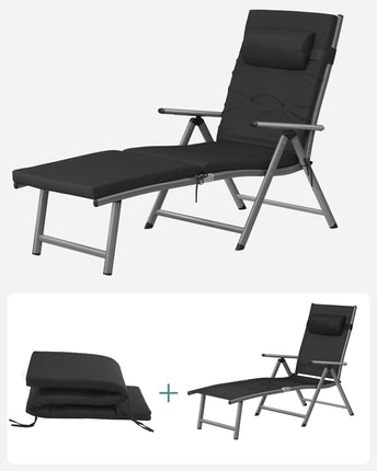 SONGMICS lounger, foldable, deck chair with 6 cm thick mattress, removable cushion, made of stainless aluminum, breathable, comfortable, adjustable, loadable up to 150 kg, black GCB24BK