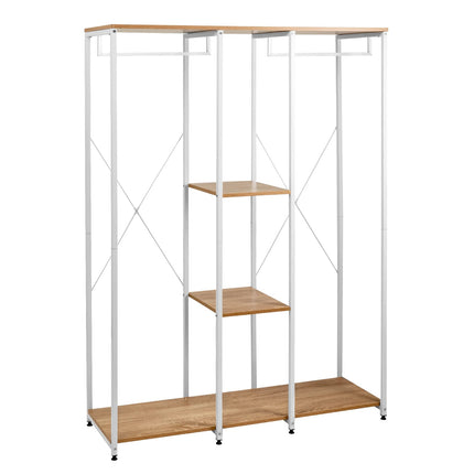 Derins XXXL Kleiderständer Freistehender mit Regal Wäscheständer Kleiderschrank Offener Kleiderstange mit Schuhregal für Schlafzimmer, Holz und Stahl, Weiß + Hell Eiche SR0048whe