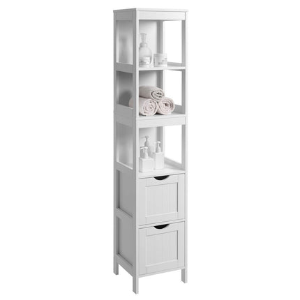 VASAGLE Hochschrank, Badezimmerschrank, Aufbewahrung von Badaccessoires, mit 2 Schubladen und 3 offenen Fächern, 30 x 30 x 141,5 cm, Badezimmer, Wohnzimmer, Küche, weiß BBC66WT