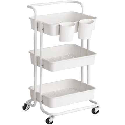 SONGMICS Trolley, 3 levels, serving trolley, kitchen trolley with handle, 2 small hanging compartments, 2 brakes, plastic storage compartments, easy to assemble, bedroom, laundry room, white BSC067W01