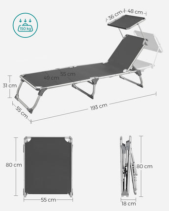 SONGMICS Sun Lounger Sun Lounger Garden Chair with Sun Canopy Adjustable Backrest Foldable Lightweight 55 x 193 x 31 cm Loadable up to 150 kg Garden Balcony and Terrace Anthracite GCB19GYV1