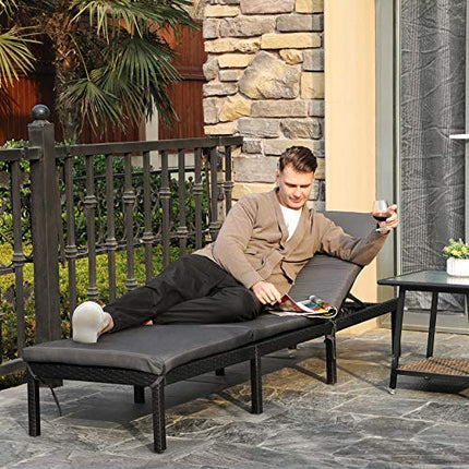 SONGMICS Sunbed Sun Lounger Garden Chair with 5 cm Thick Cushion Polyrattan Adjustable Backrest 59 x 198 x 28 cm Loadable up to 150 kg Garden Balcony Black Beige GCB27GYV1