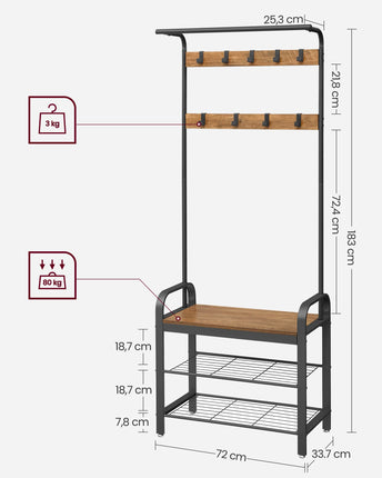 VASAGLE coat rack, clothes rack, wardrobe, shoe rack with seat, with 9 detachable hooks, bench, 2 net bottoms, 183 cm high, walnut brown-black HSR040B41