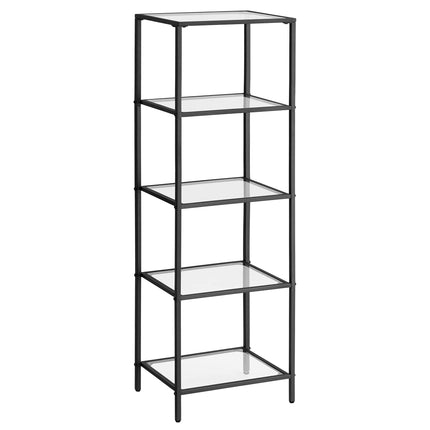 VASAGLE Standregal, Bücherregal, Badezimmerregal, 5 Ebenen, Küchenregal, schmal, Regal, Badezimmerregal, für Wohnzimmer, Schlafzimmer, Arbeitszimmer, gehärtetes Glas, Stahlrahmen, schwarz LGT029B61