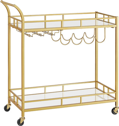 VASAGLE serving trolley, trolley with wheels, glass holder, 2 glass shelves, bar trolley, wine trolley, for kitchen, dining room, bar, gold LRC090A03