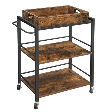 VASAGLE serving trolley with removable tray, lockable kitchen trolley with universal wheels, kitchen shelf, 65 x 40 x 86 cm, sturdy metal frame, industrial design, vintage, dark brown LRC72X