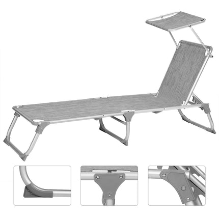 SONGMICS Sun Lounger with Roof Sun Lounger Garden Lounger Aluminum Adjustable Backrest Foldable Lightweight 55 x 193 x 31 cm Loadable up to 150 kg Garden Balcony Terrace Gray Mottled GCB19TG