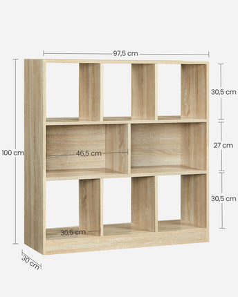 VASAGLE Bücherregal, Würfelregal, unteres Regal, mit offenen Fächern, für Wohnzimmer, Arbeitszimmer, Kinderzimmer, Büro, als Raumteiler, 97,5 x 30 x 100 cm, Eichenfarbe LBC52NL