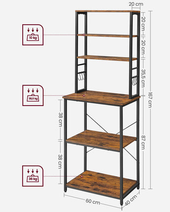 VASAGLE Küchenregal, Standregal mit Ablagen, mit 6 Haken und Metallrahmen, Ablage für Mikrowelle, Industriedesign, 40 x 60 x 167 cm, Vintage Braun-Schwarz KKS024B01