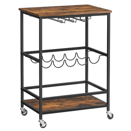 VASAGLE serving trolley with universal wheels, bar trolley, with shelves, glass and bottle holders, 60 x 40 x 75 cm, industrial design, vintage brown-black LRC087B01